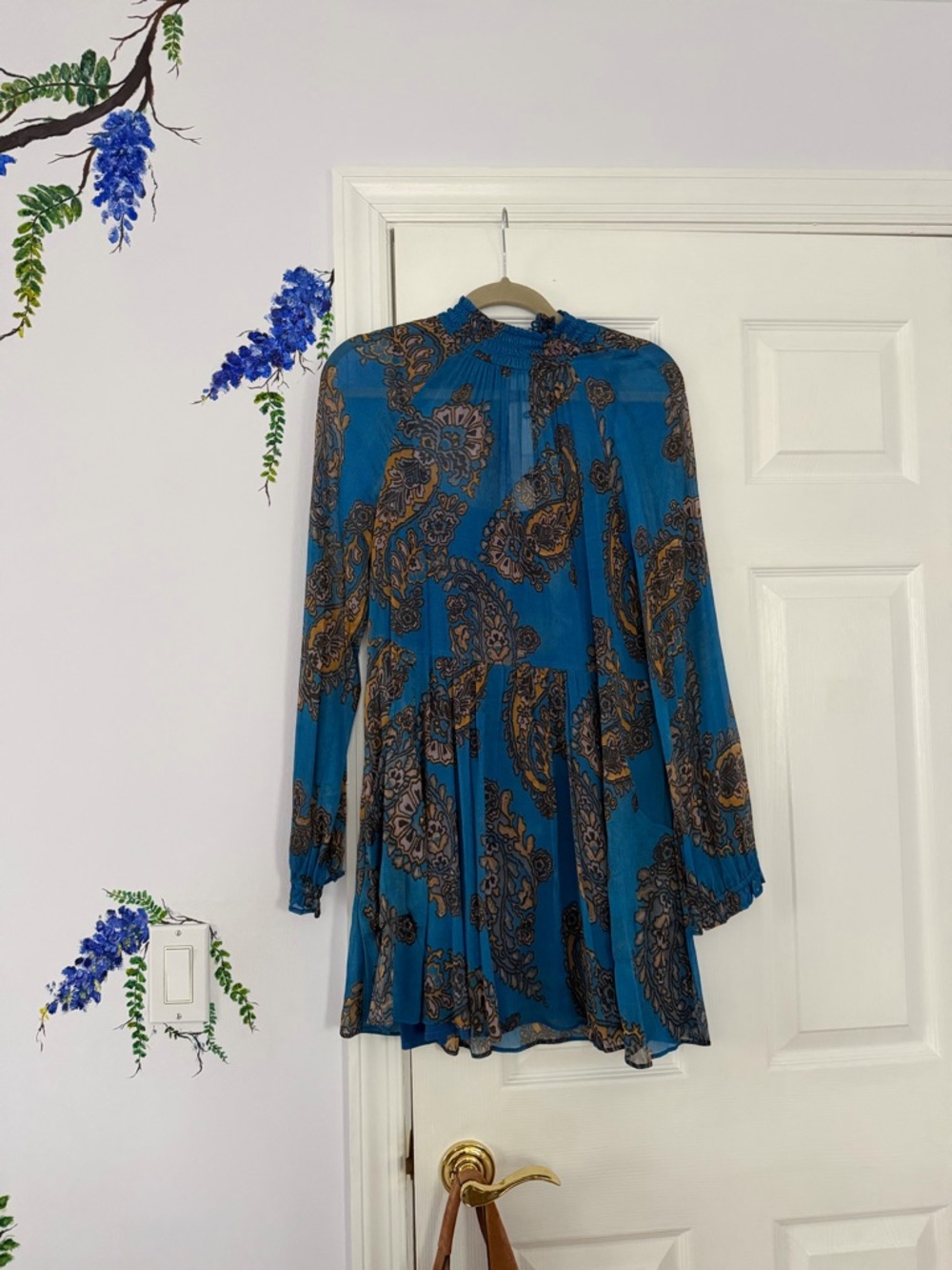 Free People Teal Paisley Long-Sleeve Mini Dress